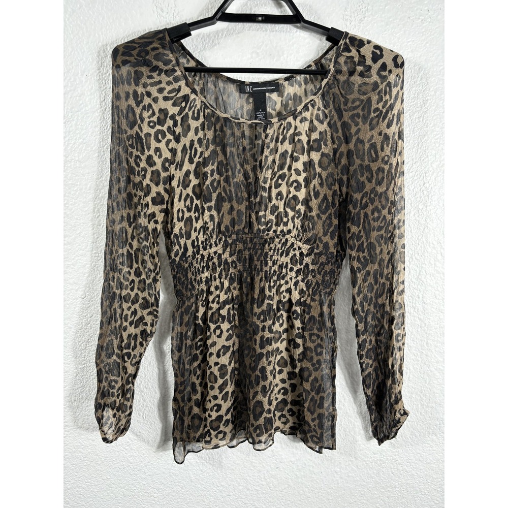 INC Shirt Womens 4 Leopard Silk Chiffon Long Sleeve Sheer Elastic Waist Animal